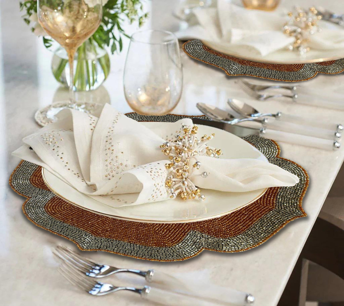 Beaded Placemats – Burnt Orange Silver Artisan Table Mats, Heat Resistant & Non Slip