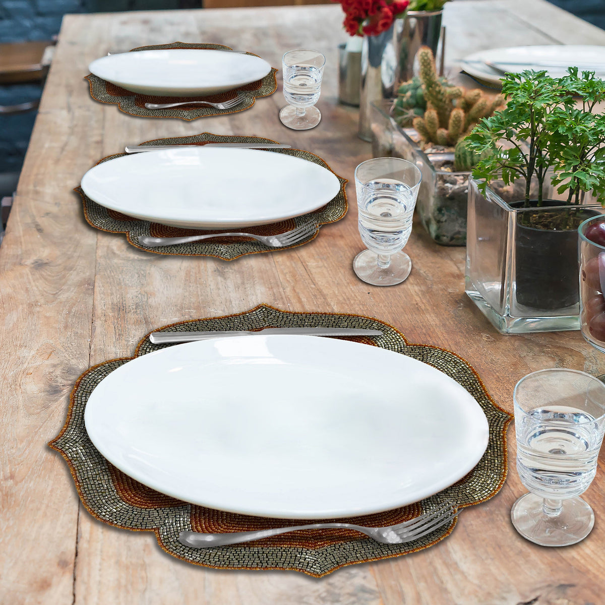 Beaded Placemats – Burnt Orange Silver Artisan Table Mats, Heat Resistant & Non Slip