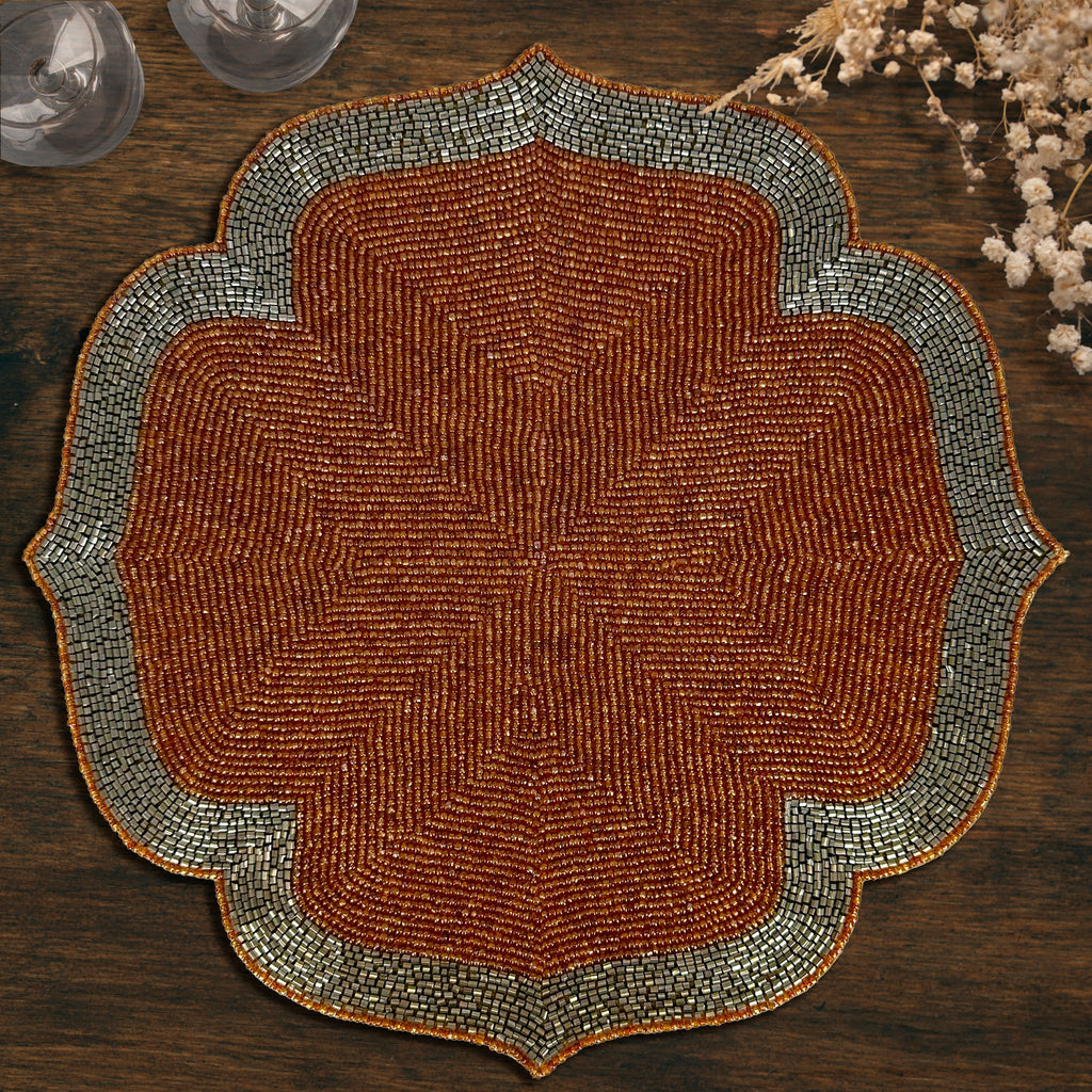 Sunset Frost – Beaded Placemats in Burnt Orange and Silver, Luxurious Decorative Dining Table Accent 14 inch