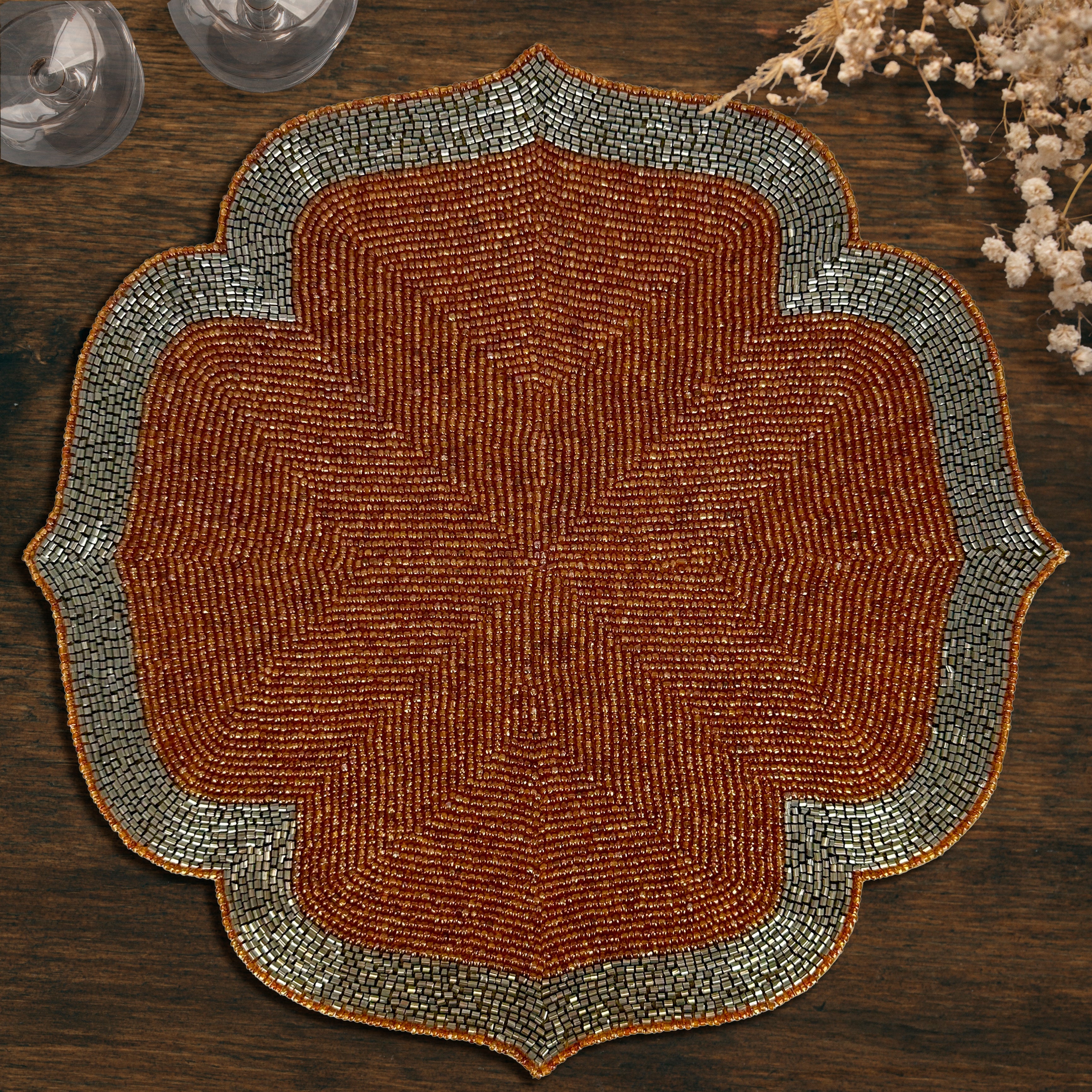 Sunset Frost – Beaded Placemats in Burnt Orange and Silver, Luxurious Decorative Dining Table Accent 14 inch