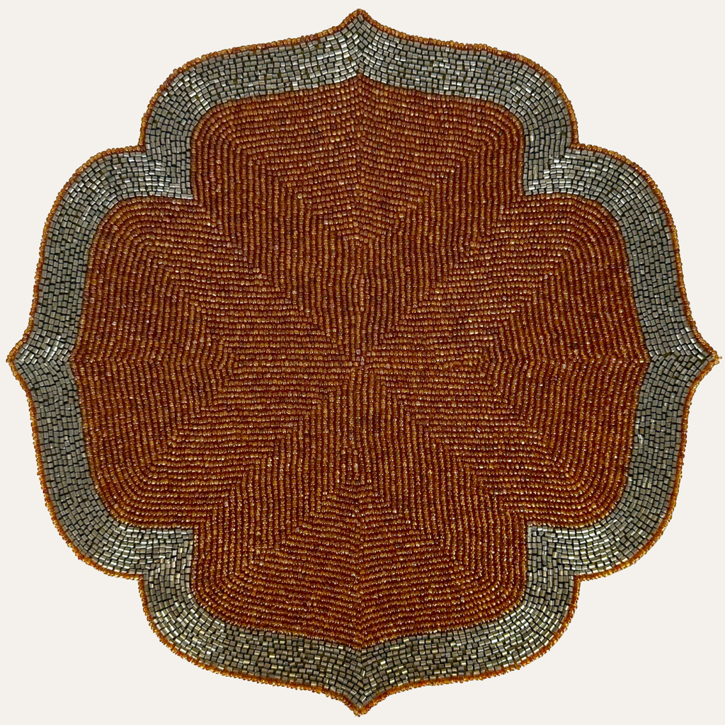 Sunset Frost – Beaded Placemats in Burnt Orange and Silver, Luxurious Decorative Dining Table Accent 14 inch