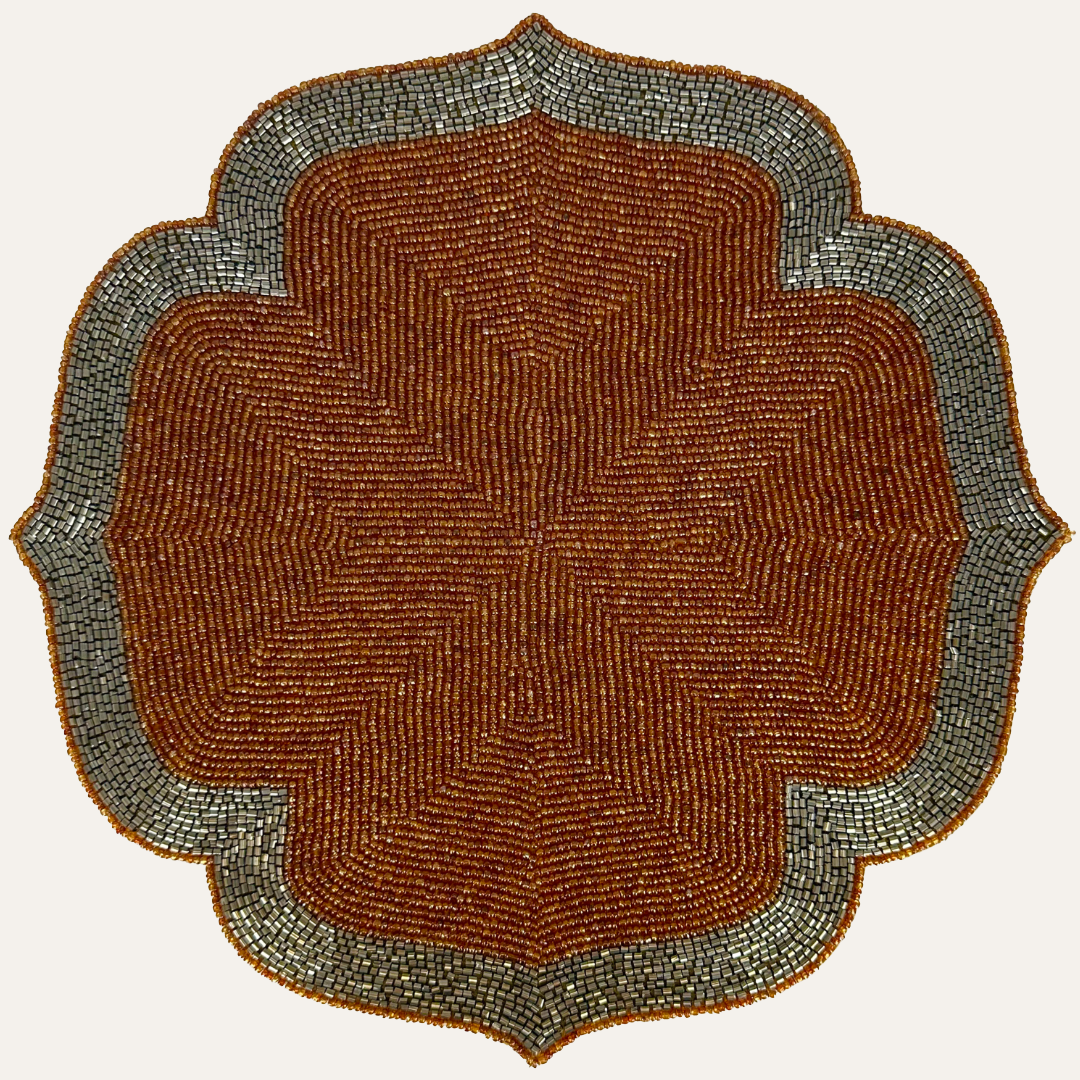 Beaded Placemats – Burnt Orange Silver Artisan Table Mats, Heat Resistant & Non Slip