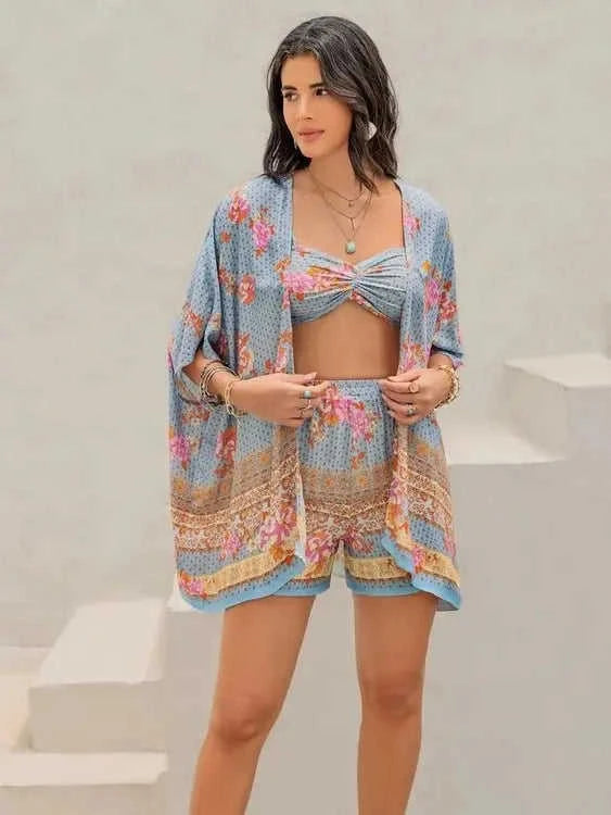 Printed Bra Shorts Cover Up Set - Stylish Three-Piece Swimwear Ensemble Eco My Home cover up Salty Season LLC ecomyhome.store United States