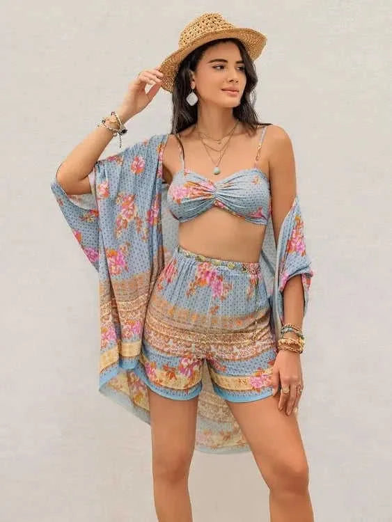 Printed Bra Shorts Cover Up Set - Stylish Three-Piece Swimwear Ensemble Eco My Home cover up Salty Season LLC ecomyhome.store United States
