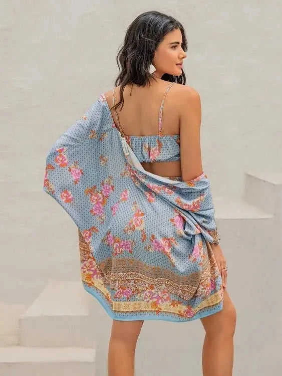 Printed Bra Shorts Cover Up Set - Stylish Three-Piece Swimwear Ensemble Eco My Home cover up Salty Season LLC ecomyhome.store United States