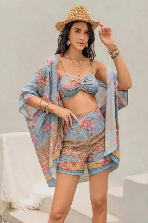Printed Bra Shorts Cover Up Set - Stylish Three-Piece Swimwear Ensemble Eco My Home cover up Salty Season LLC ecomyhome.store United States