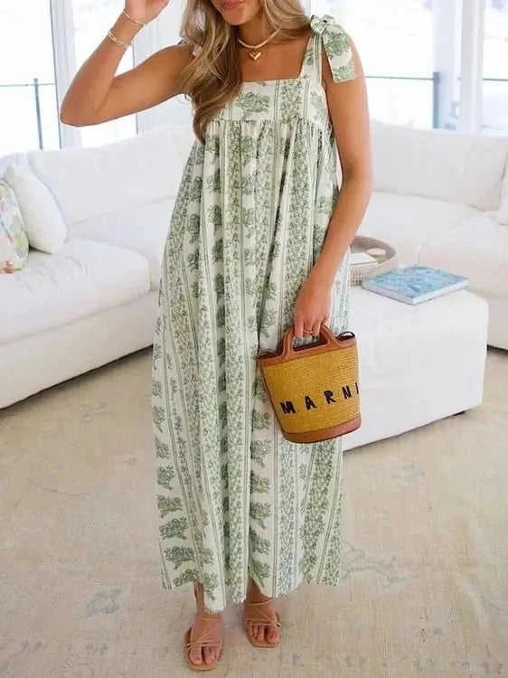 Printed Midi Dress with Square Neck - Stylish and Versatile Fashion Choice Eco My Home Dress Salty Season LLC ecomyhome.store United States