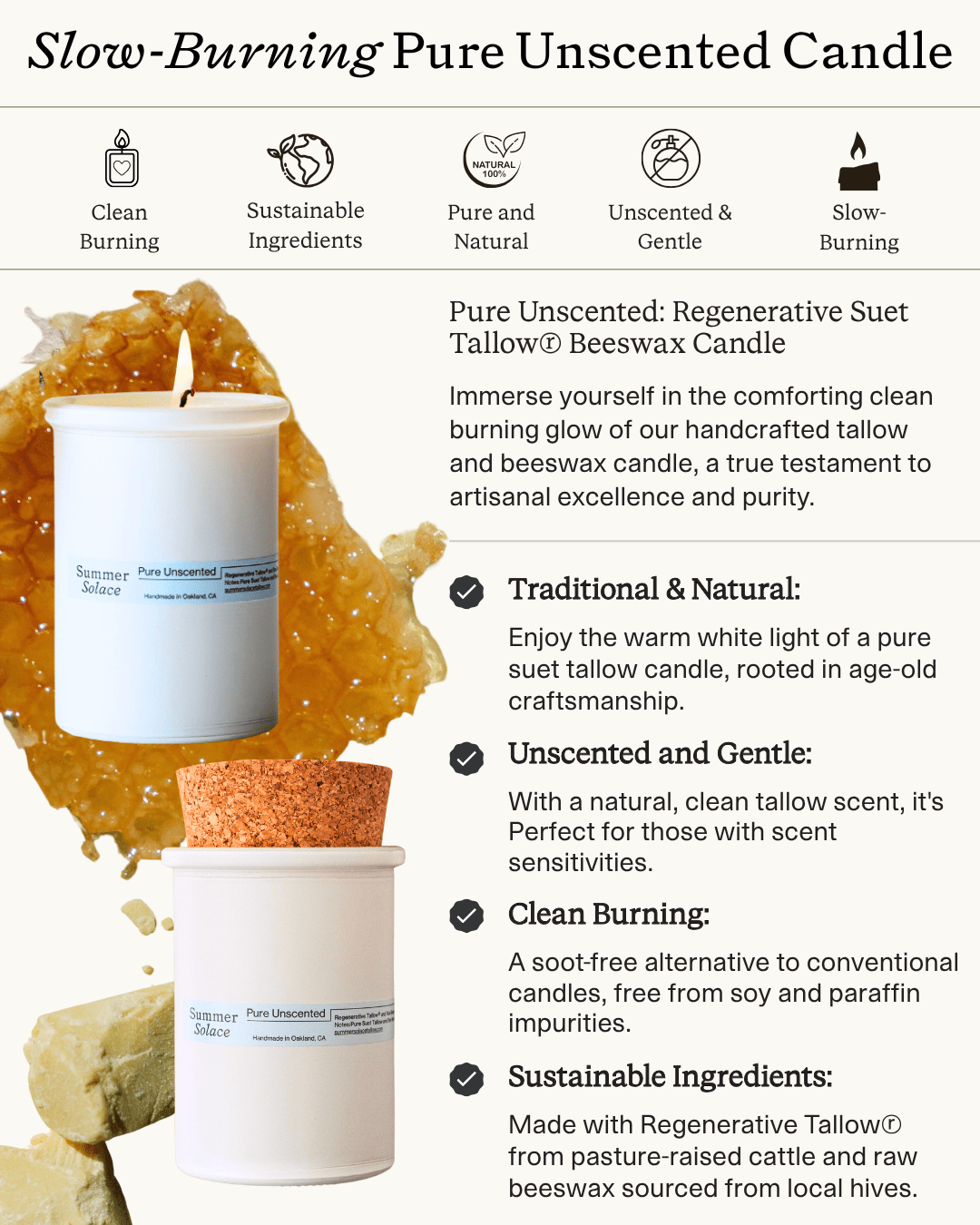 Pure Unscented Tallow Candle – Regenerative Suet & Beeswax | 6 oz