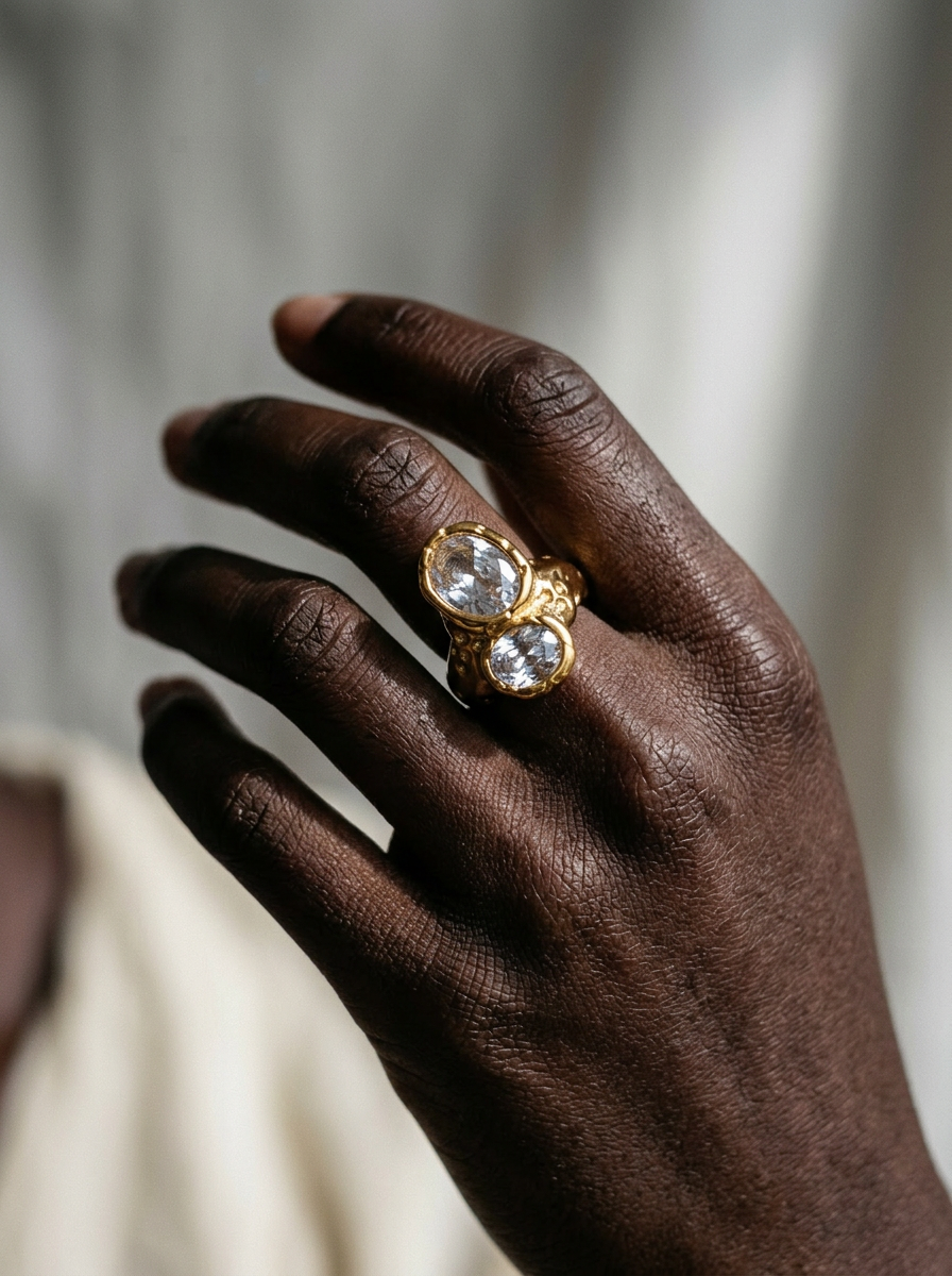 Golden Gold-Plated Zircon Statement Ring