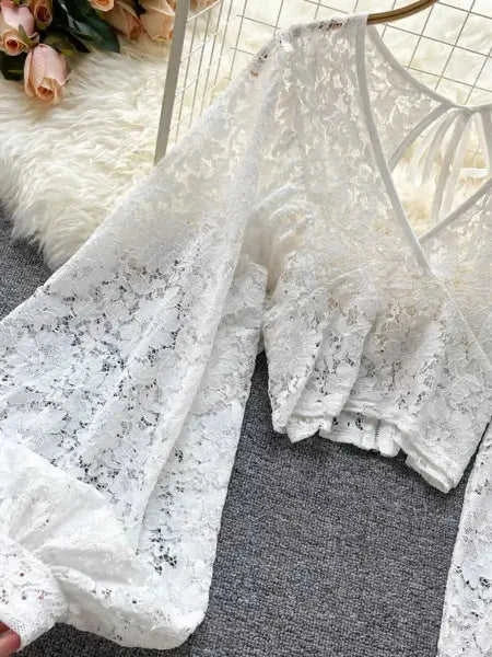 Refined Boho Lace Tie Back Long Sleeve Top Eco My Home top Salty Season LLC ecomyhome.store United States