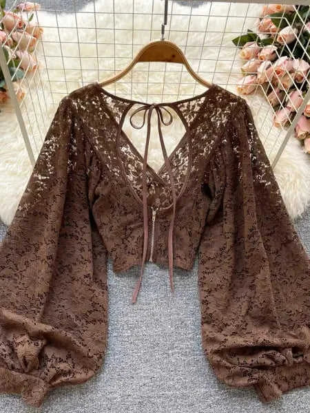 Refined Boho Lace Tie Back Long Sleeve Top Eco My Home top Salty Season LLC ecomyhome.store United States