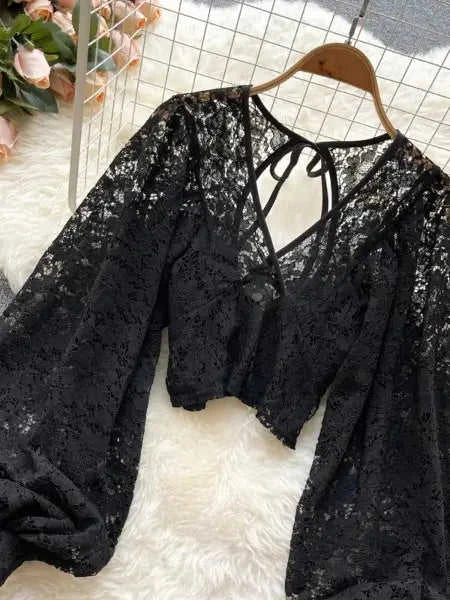 Refined Boho Lace Tie Back Long Sleeve Top Eco My Home top Salty Season LLC ecomyhome.store United States