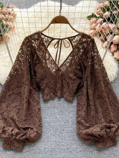 Refined Boho Lace Tie Back Long Sleeve Top Eco My Home top Salty Season LLC ecomyhome.store United States