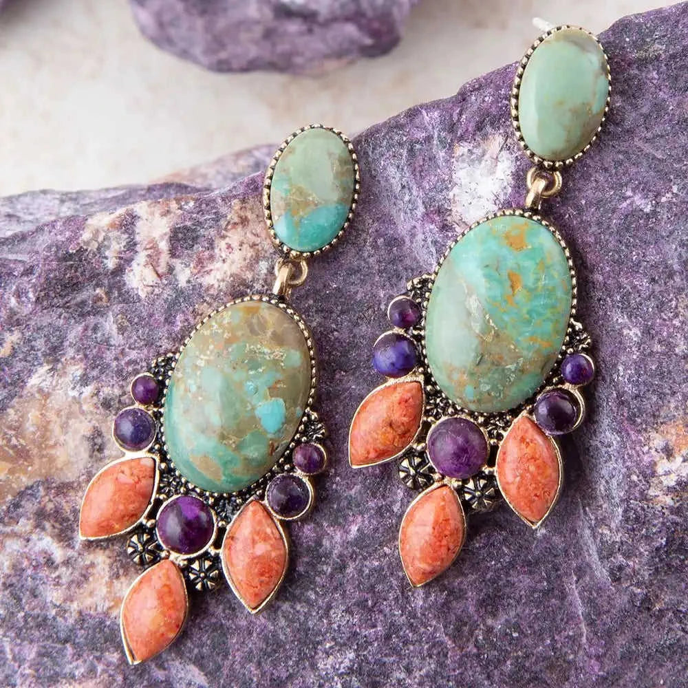Regalia Blue Turquoise Purple and Orange Coral Goldden Post Drop Earrings Eco My Home Earrings Barse Jewelry ecomyhome.store United States