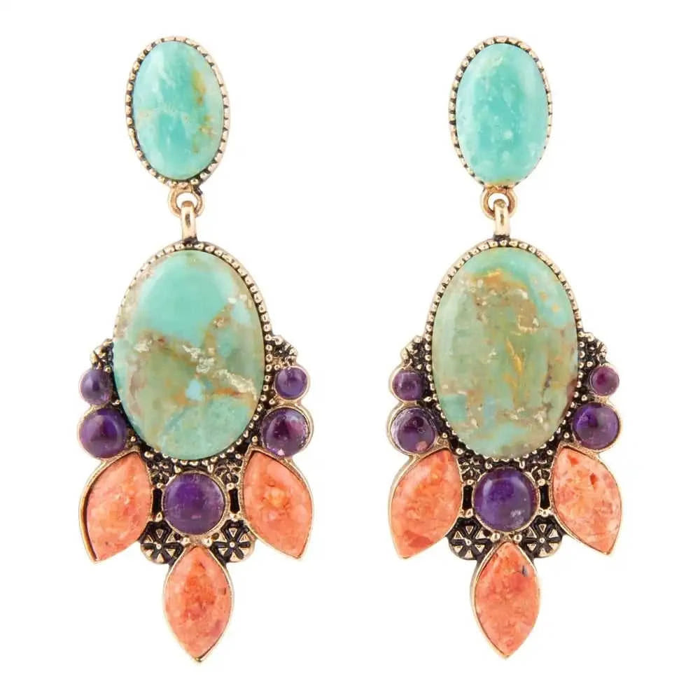Regalia Blue Turquoise Purple and Orange Coral Goldden Post Drop Earrings Eco My Home Earrings Barse Jewelry ecomyhome.store United States