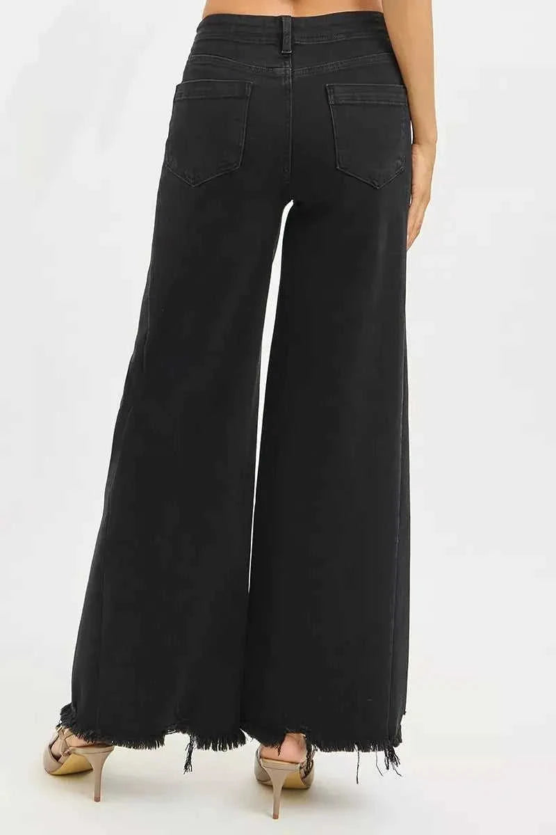 RISEN Tummy Control High Rise Palazzo Leg Frayed Hem Jeans - Stylish Tummy Control High Rise Jeans Eco My Home  Salty Season LLC ecomyhome.store United States