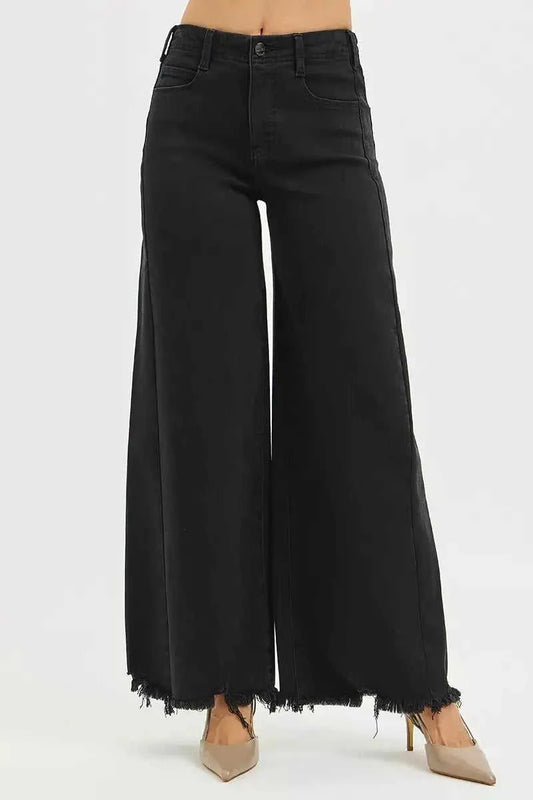 RISEN Tummy Control High Rise Palazzo Leg Frayed Hem Jeans - Stylish Tummy Control High Rise Jeans Eco My Home  Salty Season LLC ecomyhome.store United States