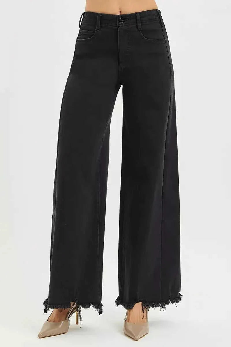 RISEN Tummy Control High Rise Palazzo Leg Frayed Hem Jeans - Stylish Tummy Control High Rise Jeans Eco My Home  Salty Season LLC ecomyhome.store United States