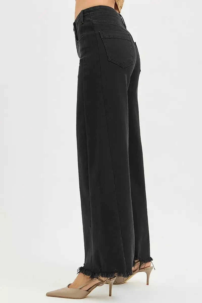 RISEN Tummy Control High Rise Palazzo Leg Frayed Hem Jeans - Stylish Tummy Control High Rise Jeans Eco My Home  Salty Season LLC ecomyhome.store United States