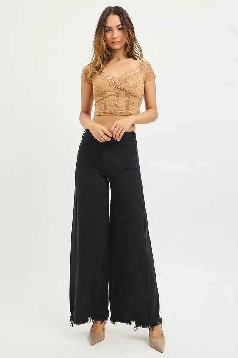 RISEN Tummy Control High Rise Palazzo Leg Frayed Hem Jeans - Stylish Tummy Control High Rise Jeans Eco My Home  Salty Season LLC ecomyhome.store United States