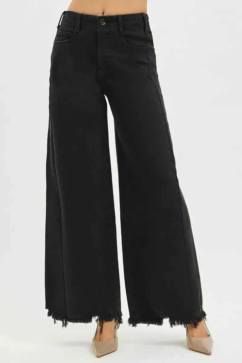 RISEN Tummy Control High Rise Palazzo Leg Frayed Hem Jeans - Stylish Tummy Control High Rise Jeans Eco My Home  Salty Season LLC ecomyhome.store United States