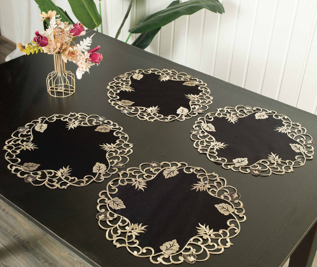 Midnight Gold – Black Gold Table Doilies, Tarantino Collection Decorative Table Linen 15 inch
