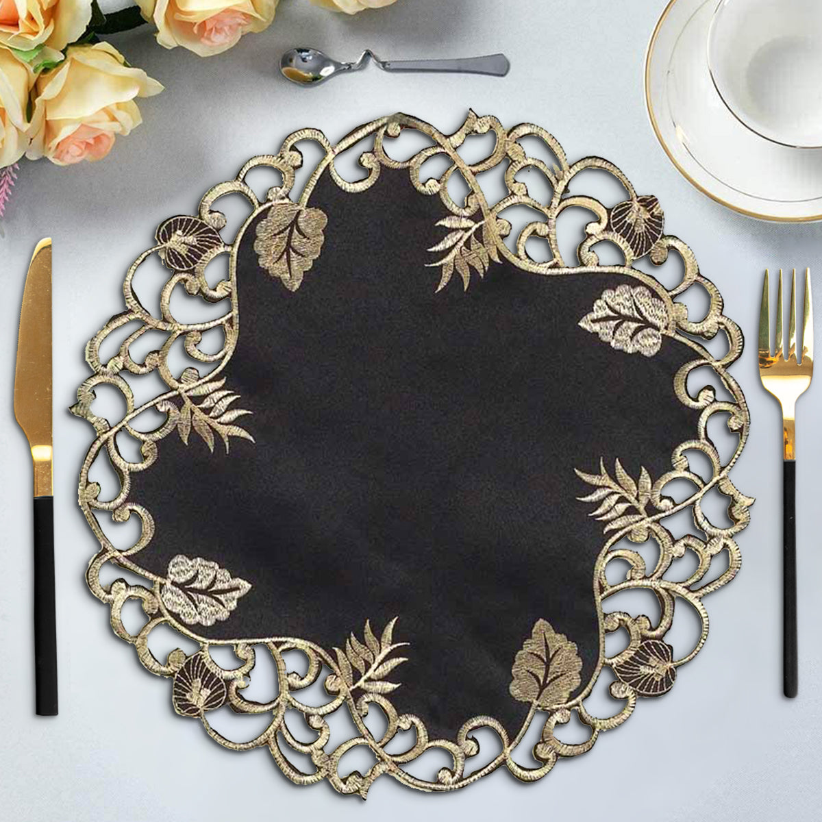 Midnight Gold – Black Gold Table Doilies, Tarantino Collection Decorative Table Linen 15 inch