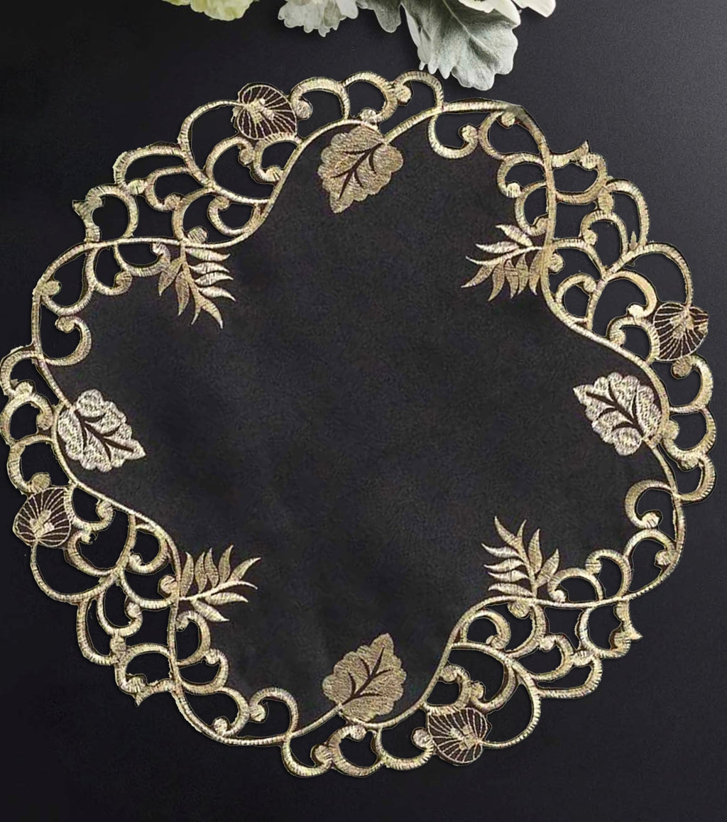 Midnight Gold – Black Gold Table Doilies, Tarantino Collection Decorative Table Linen 15 inch