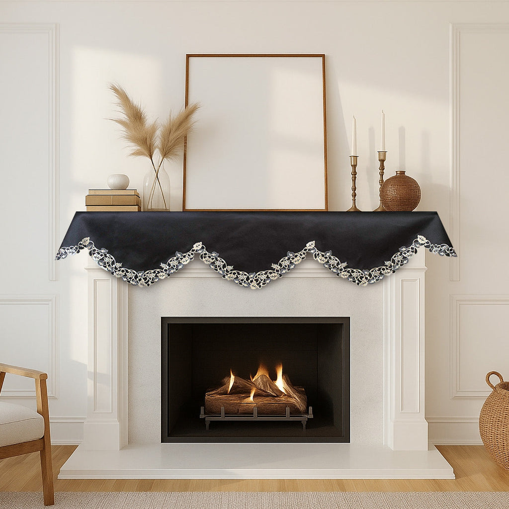 Midnight Gold – Black Gold Mantel Scarf, Tarantino Collection Decorative Home Accent 18*90 Inch