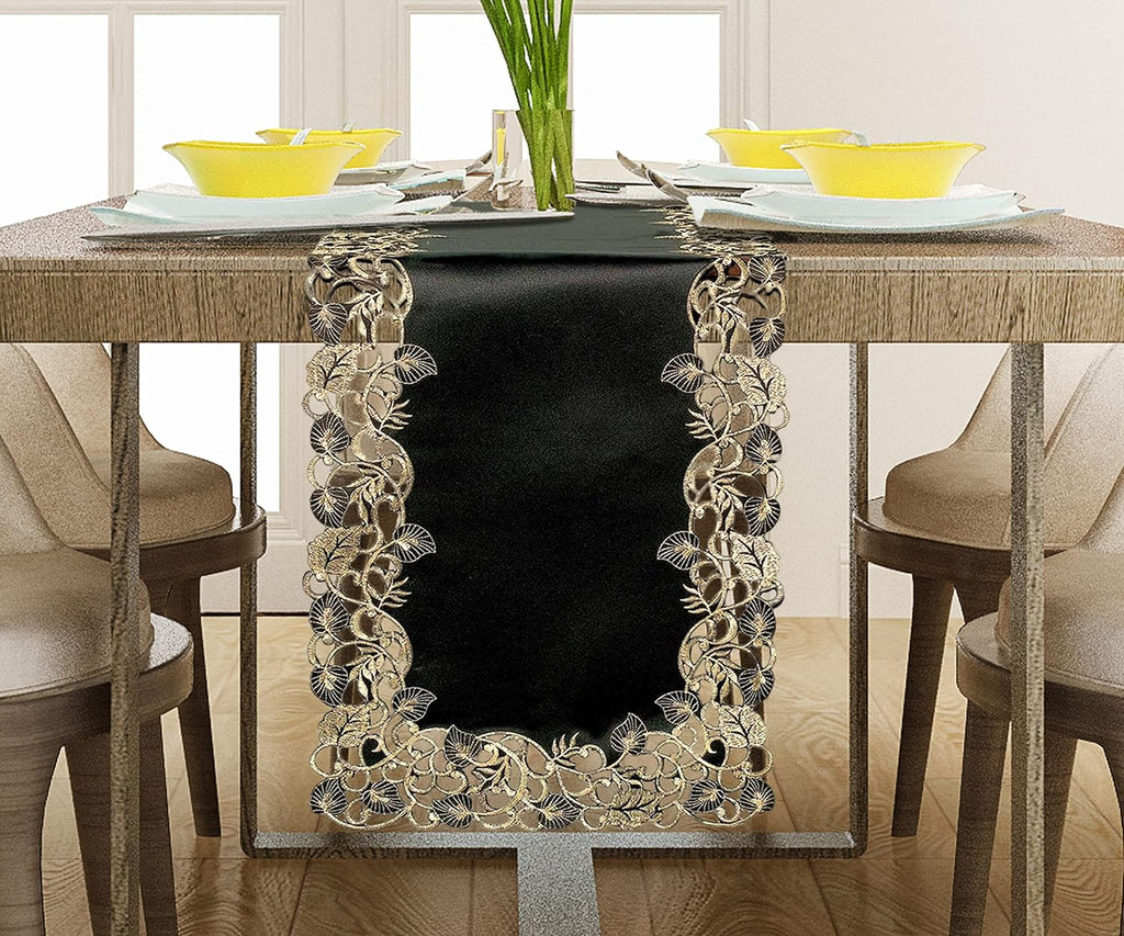 Midnight Gold – Black Gold Table Runner, Tarantino Collection Decorative Table Linen 14*108 inch