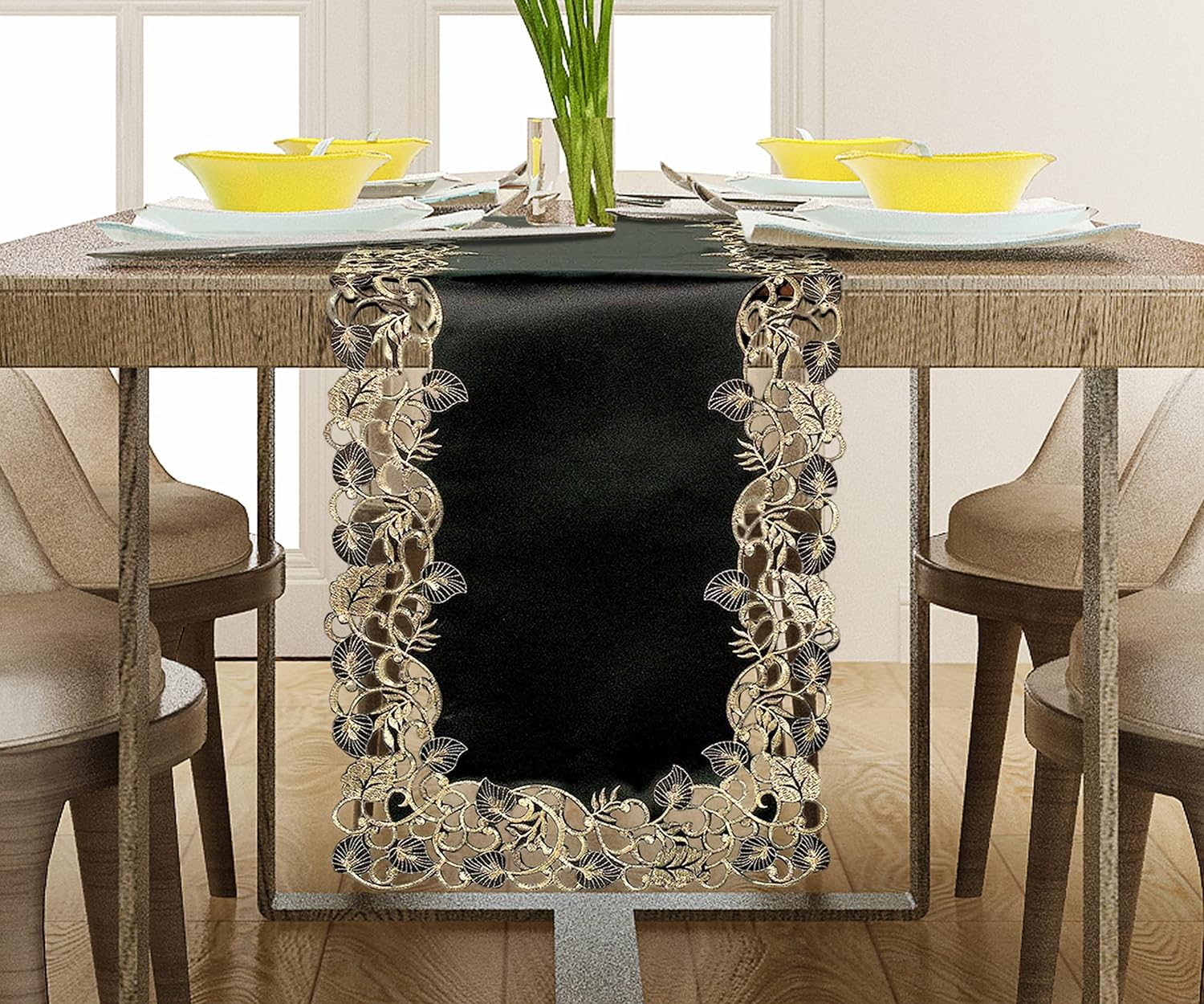 Midnight Gold – Black Gold Table Runner, Tarantino Collection Decorative Table Linen 14*108 inch
