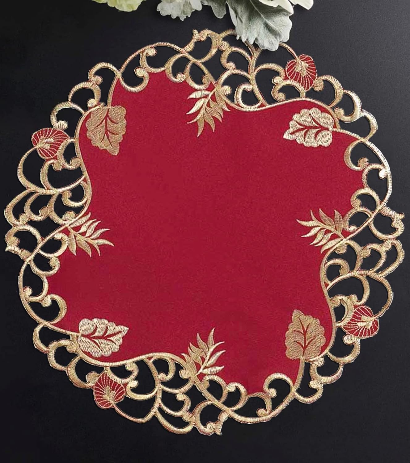 Royal Garnet – Burgundy Gold Table Doilies, Tarantino Collection Elegant Home Décor 15 inch