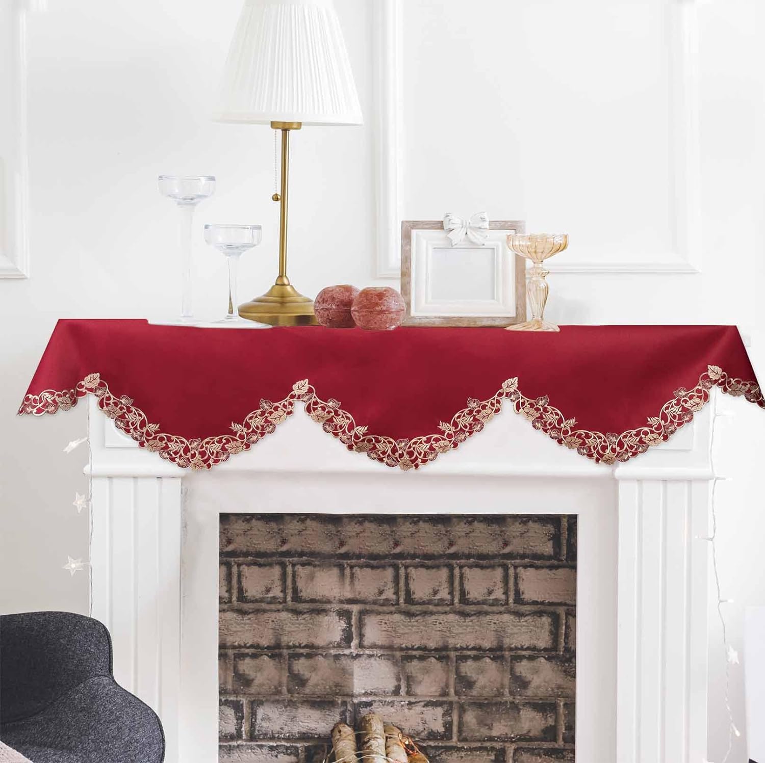 Royal Garnet – Burgundy Gold Mantel Scarf, Tarantino Collection Elegant Home Accent 18*90 Inch