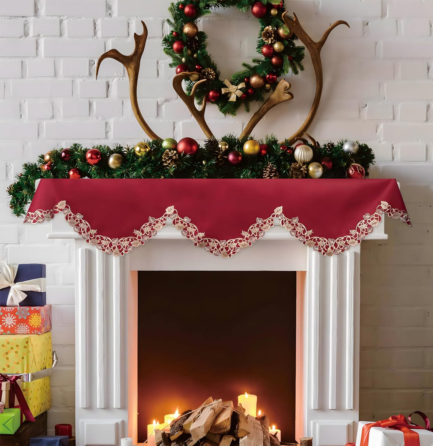 Royal Garnet – Burgundy Gold Mantel Scarf, Tarantino Collection Elegant Home Accent 18*90 Inch