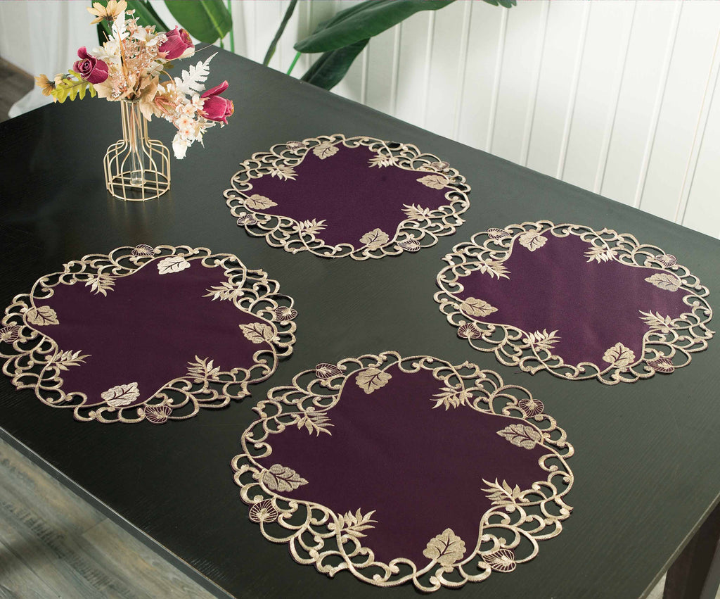 Velvet Plum – Plum Gold Table Doilies, Tarantino Collection Artistic Dining Décor 15 inch