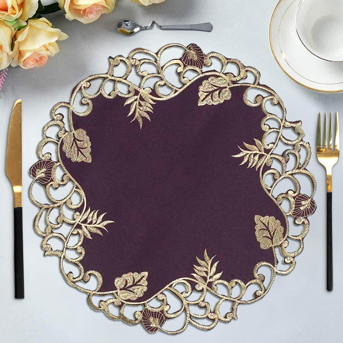 Velvet Plum – Plum Gold Table Doilies, Tarantino Collection Artistic Dining Décor 15 inch