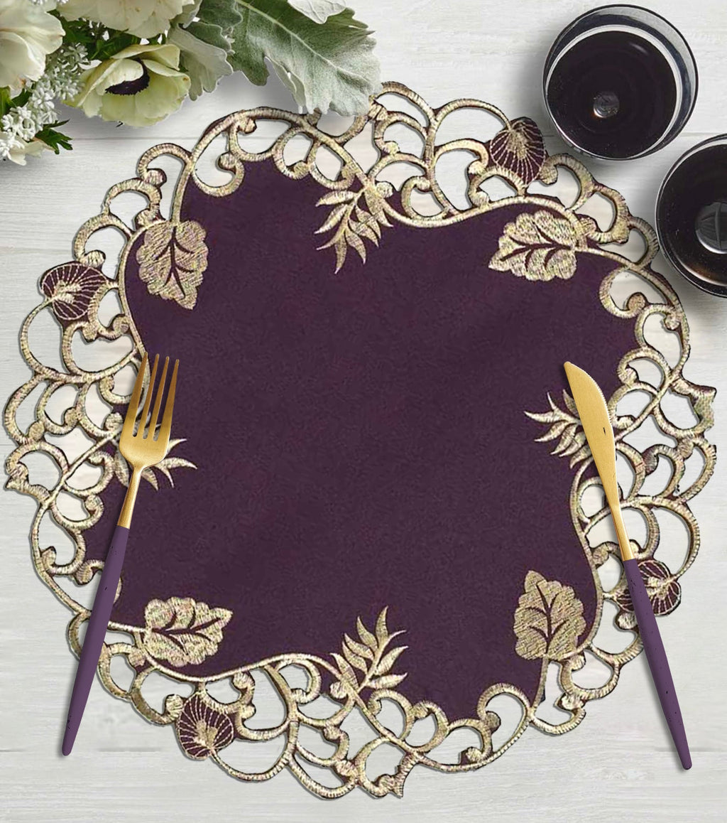 Velvet Plum – Plum Gold Table Doilies, Tarantino Collection Artistic Dining Décor 15 inch