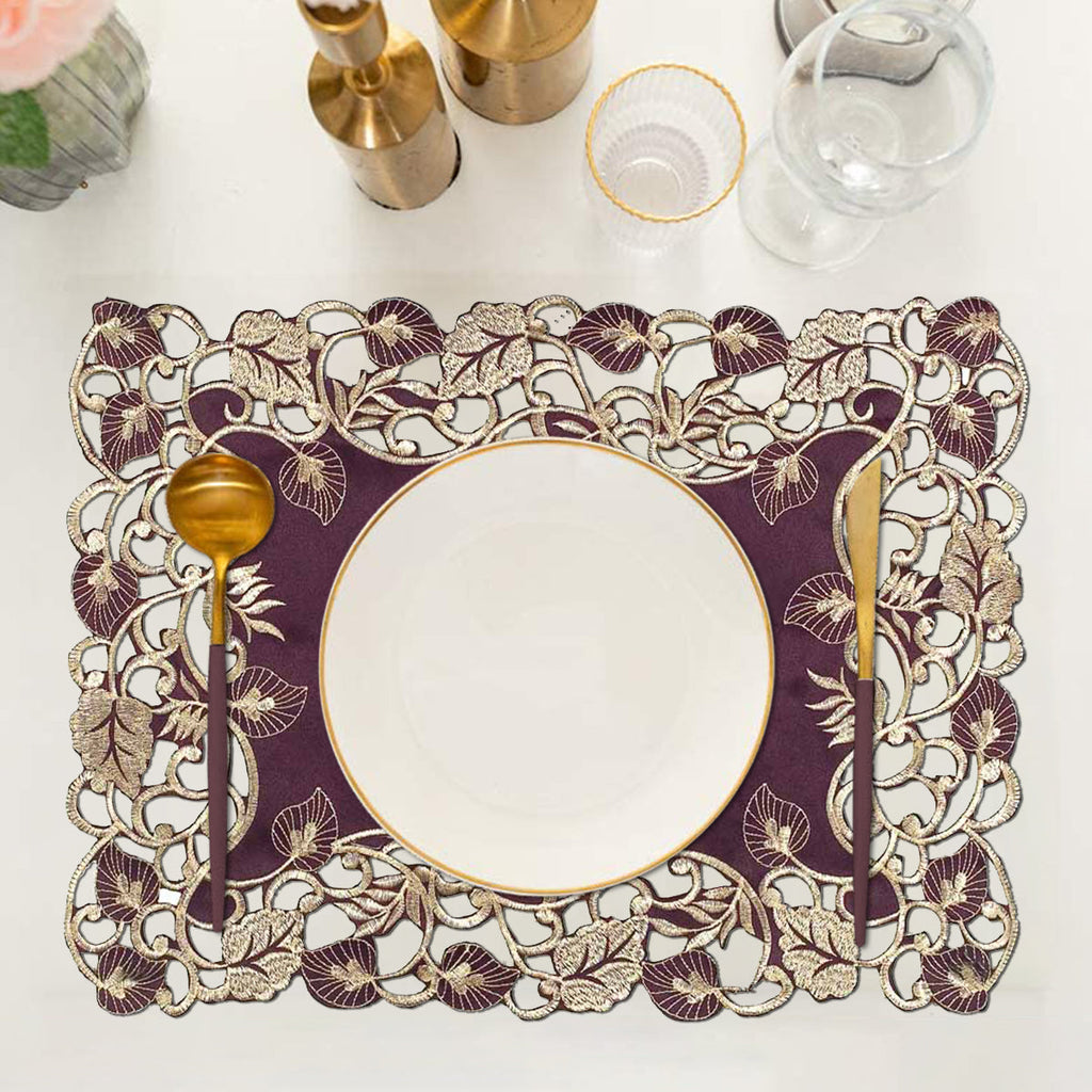 Velvet Plum – Plum Gold Table Placemats, Tarantino Collection Artistic Dining Décor 12*18 inch