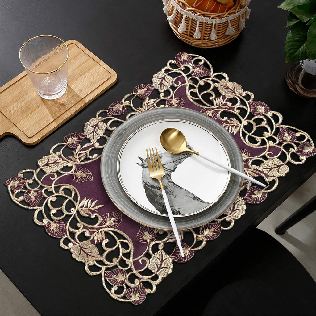 Velvet Plum – Plum Gold Table Placemats, Tarantino Collection Artistic Dining Décor 12*18 inch