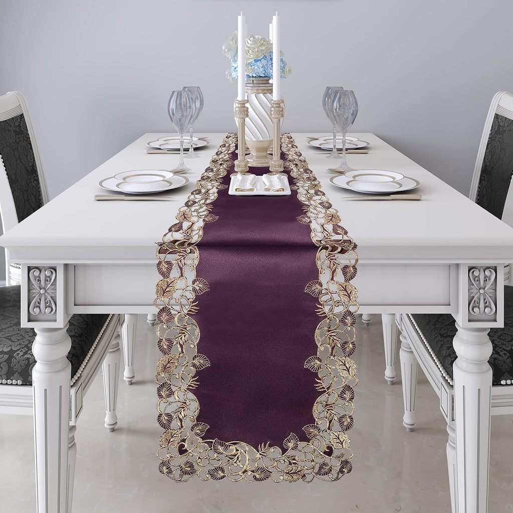 Velvet Plum – Plum Gold Table Runner, Tarantino Collection Artistic Dining Accent 14*108 inch