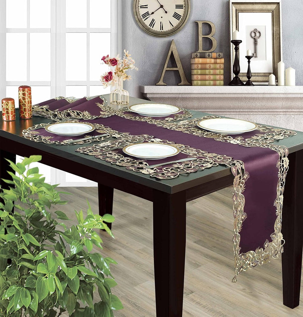 Velvet Plum – Plum Gold Table Runner, Tarantino Collection Artistic Dining Accent 14*108 inch