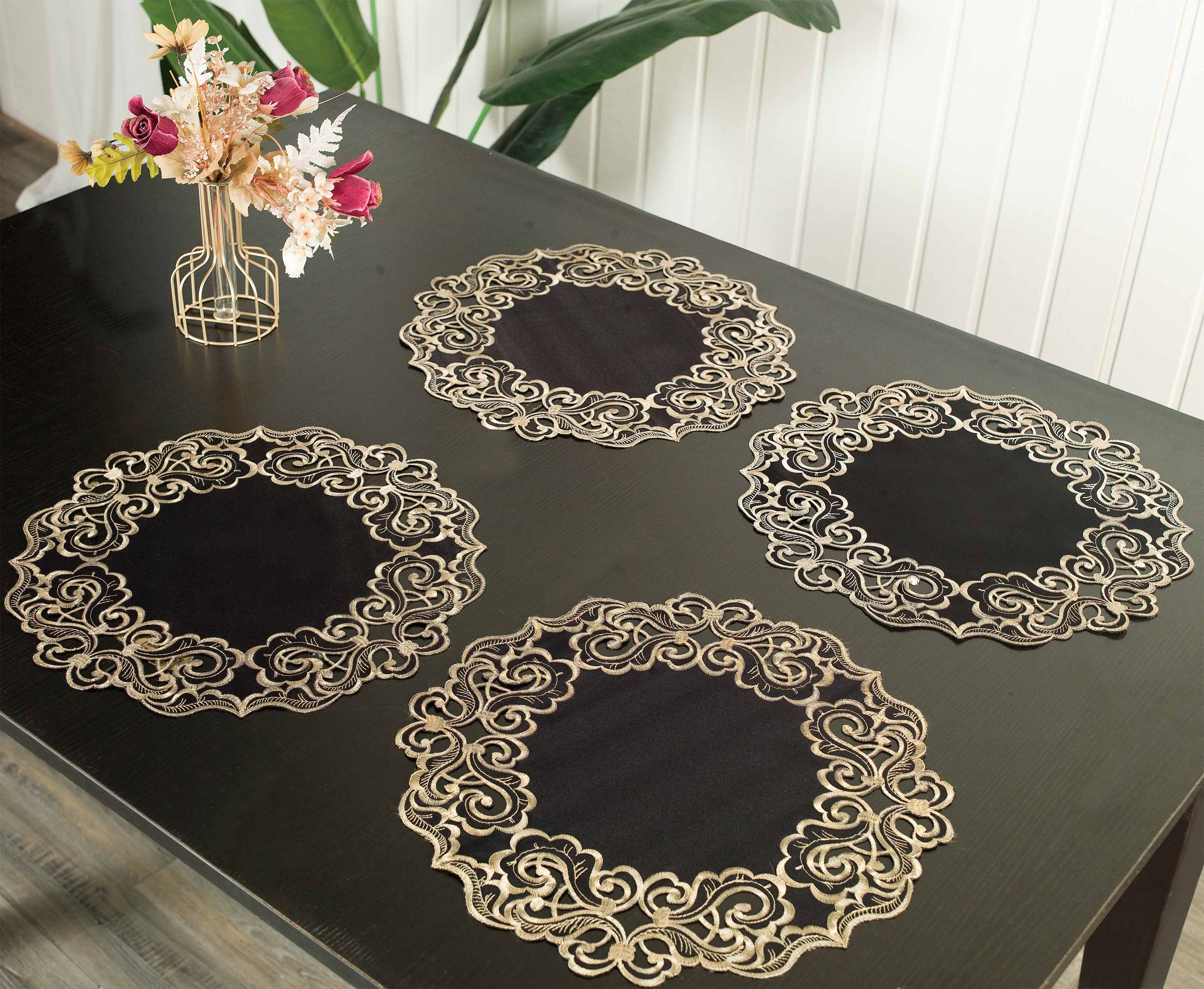 Noir Luxe – Black Gold Table Doilies, Granada Collection Modern Decorative Runner 15 inch