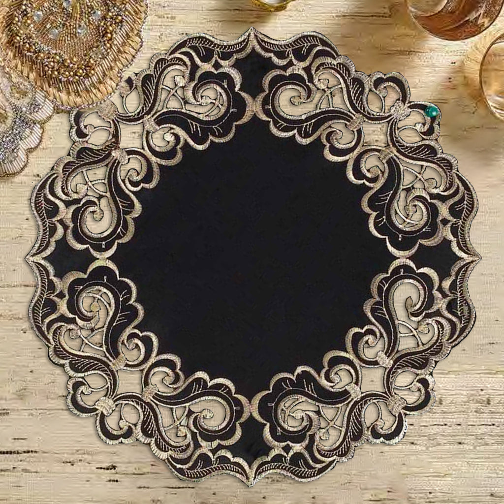 Noir Luxe – Black Gold Table Doilies, Granada Collection Modern Decorative Runner 15 inch
