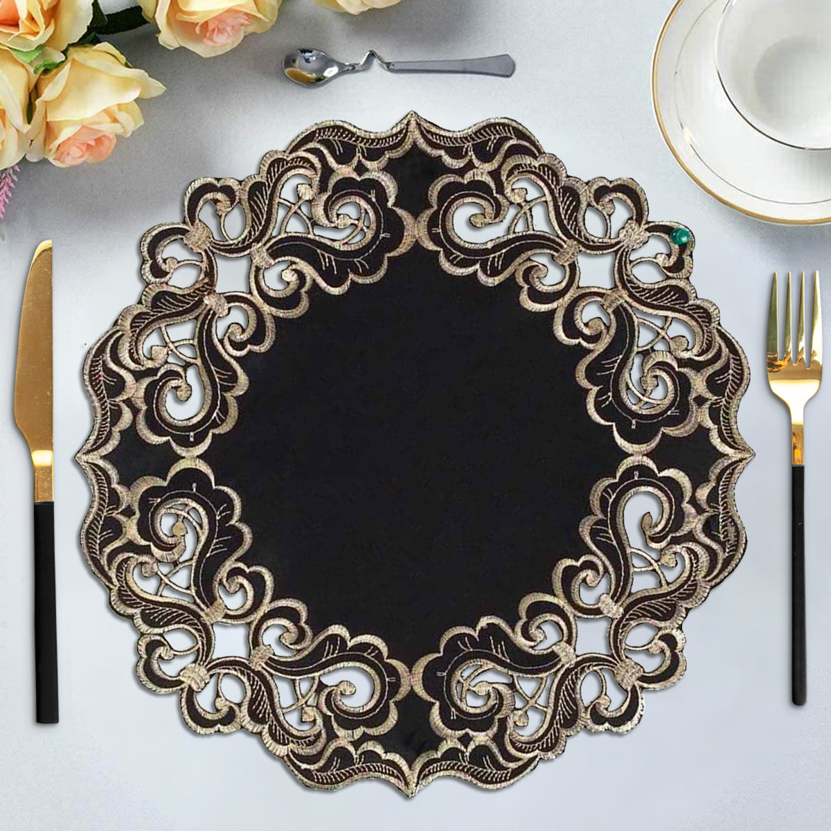 Noir Luxe – Black Gold Table Doilies, Granada Collection Modern Decorative Runner 15 inch