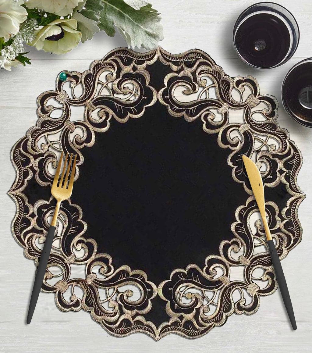 Noir Luxe – Black Gold Table Doilies, Granada Collection Modern Decorative Runner 15 inch