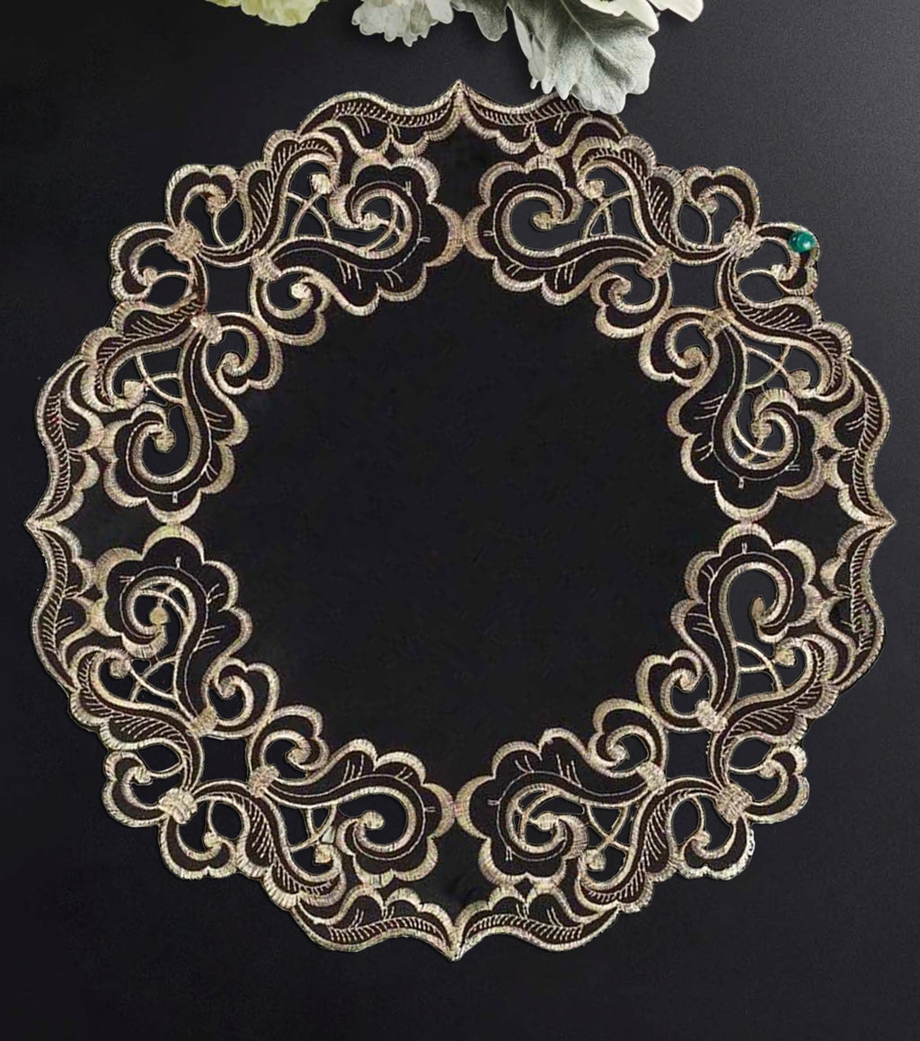 Noir Luxe – Black Gold Table Doilies, Granada Collection Modern Decorative Runner 15 inch