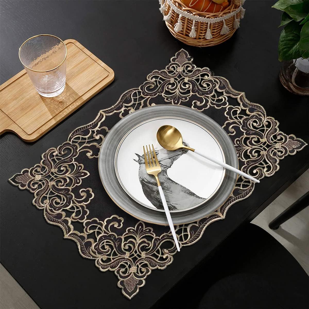 Noir Luxe – Black Gold Table Placemats, Granada Collection Modern Dining Décor 12*18 inch