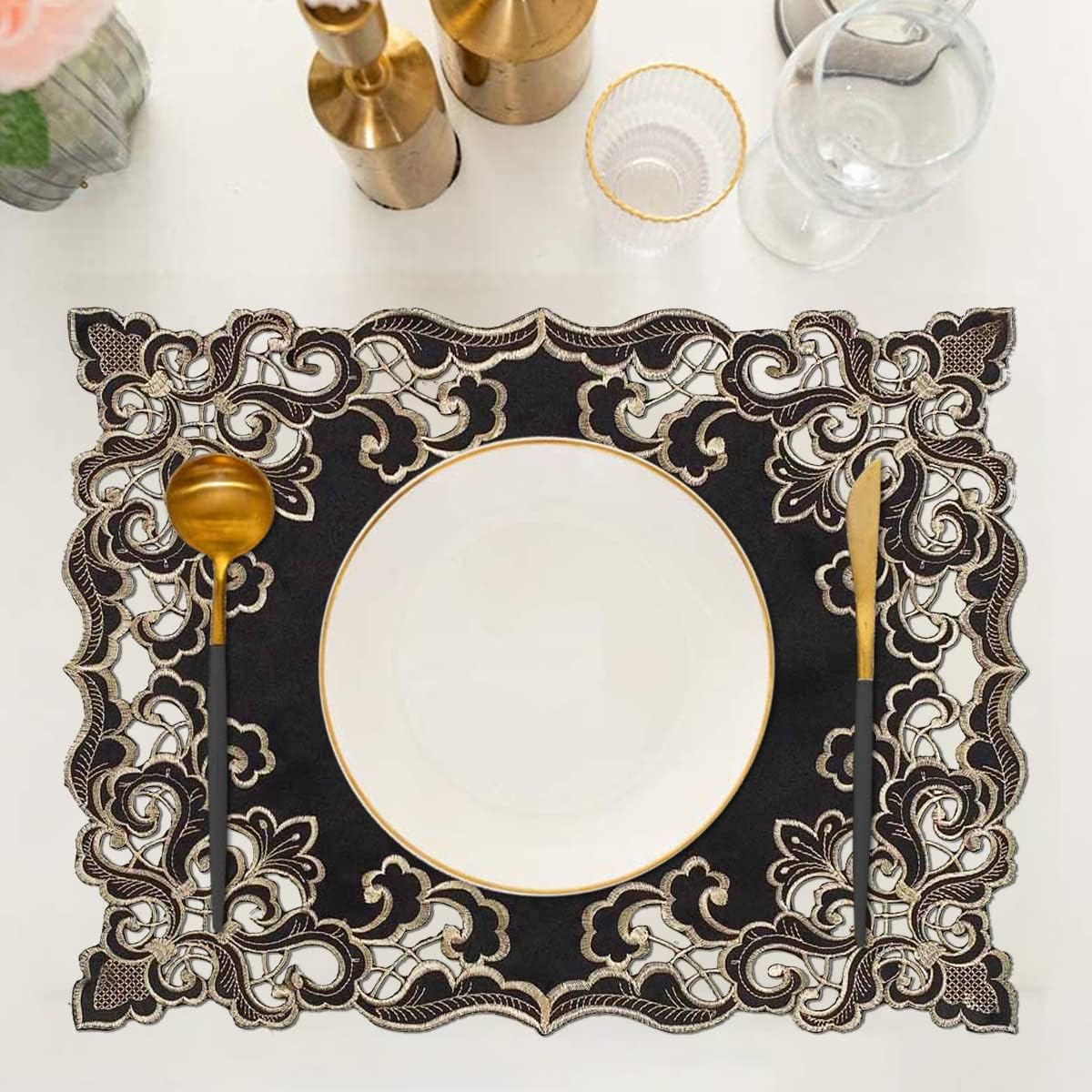 Noir Luxe – Black Gold Table Placemats, Granada Collection Modern Dining Décor 12*18 inch