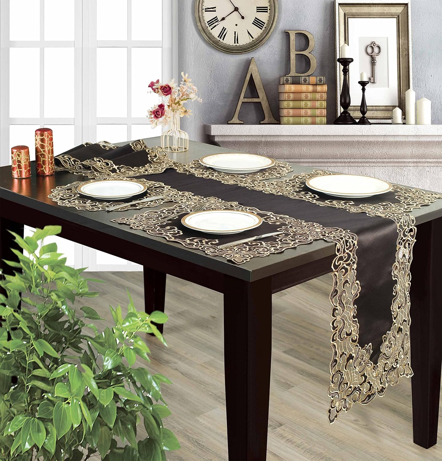 Noir Luxe – Black Gold Table Placemats, Granada Collection Modern Dining Décor 12*18 inch