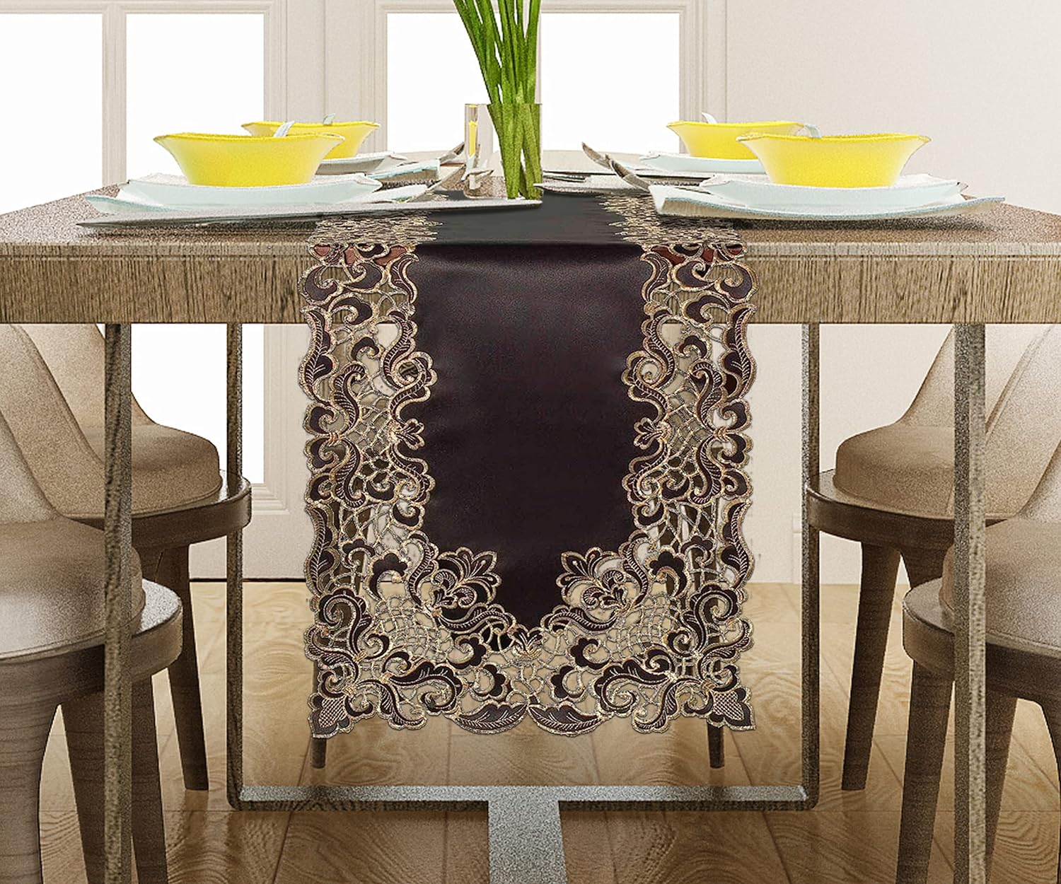 Noir Luxe – Black Gold Table Runner, Granada Collection Modern Decorative Runner 14*108 inch